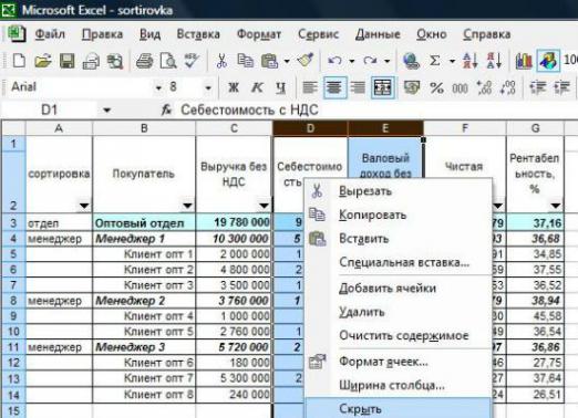 Excel'de sütunları gizleme